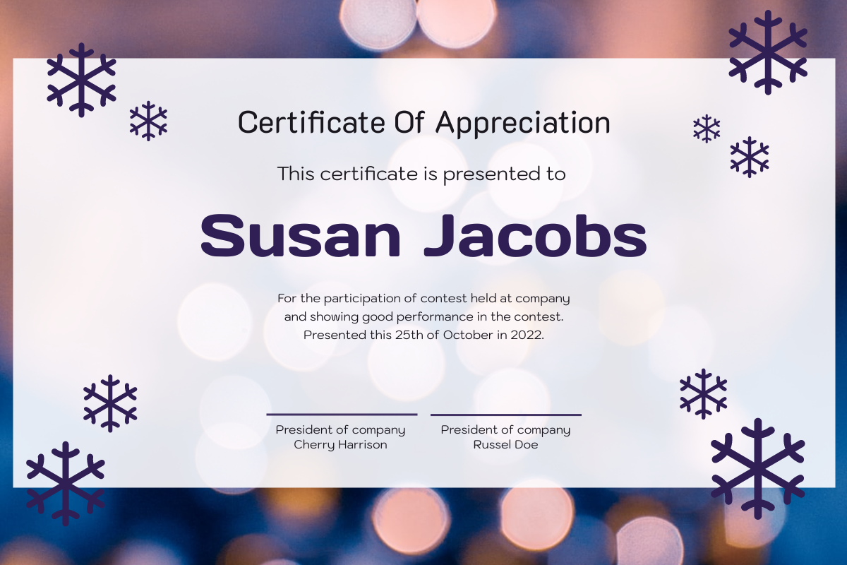 Certificate template: Purple Snow and Glow Winter Certificate (Created by InfoART's Certificate maker)