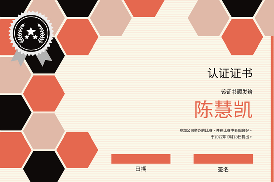 证书 模板。橙色和黑色六边形图案证书 (由 Visual Paradigm Online 的证书软件制作)