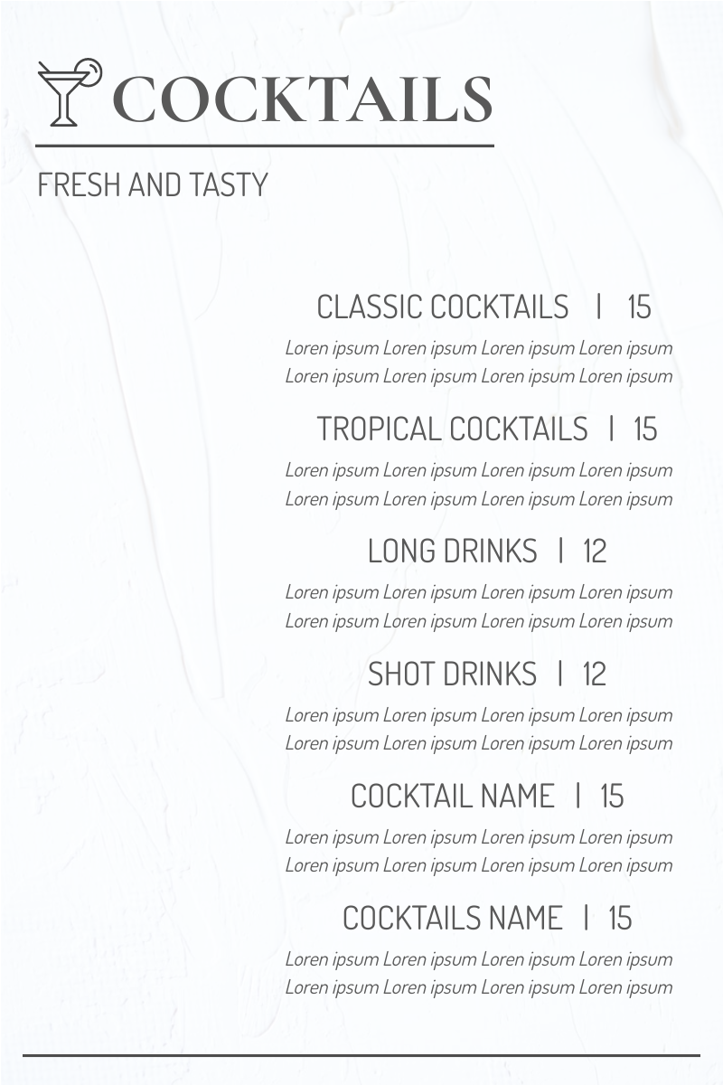 Menu template: Cocktails Menu 2 (Created by InfoART's Menu maker)