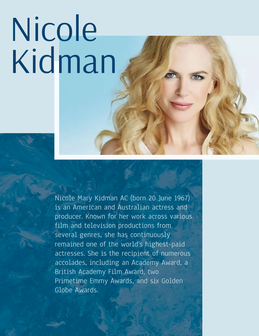 Biography template: Nicole Kidman Biography (Created by Visual Paradigm Online's Biography maker)