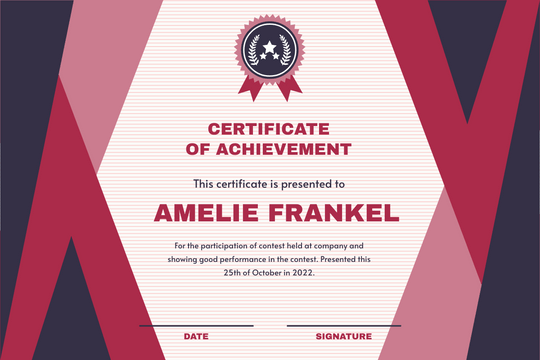 Certificates template: Purple And Red Triangles Achievement Certificate (Created by Visual Paradigm Online's Certificates maker)