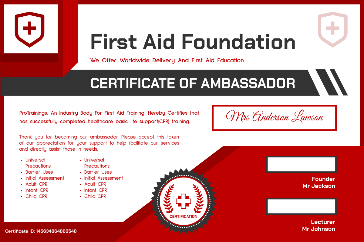 Certificate template: First Aid Ambassador Certificate (Created by Visual Paradigm Online's Certificate maker)