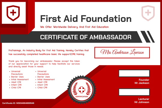 Editable certificates template:First Aid Ambassador Certificate