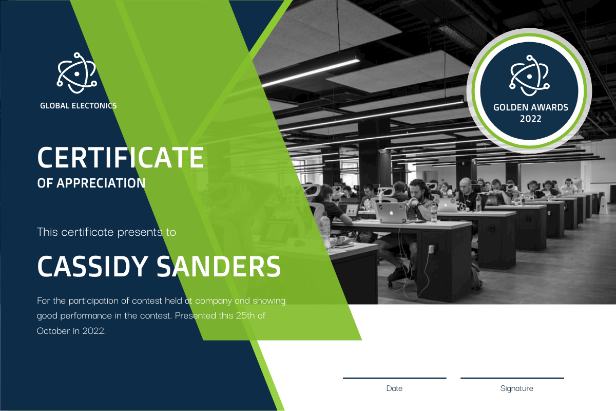 Certificate template: Green And Blue Polygon With Photo Certificate (Created by InfoART's Certificate maker)