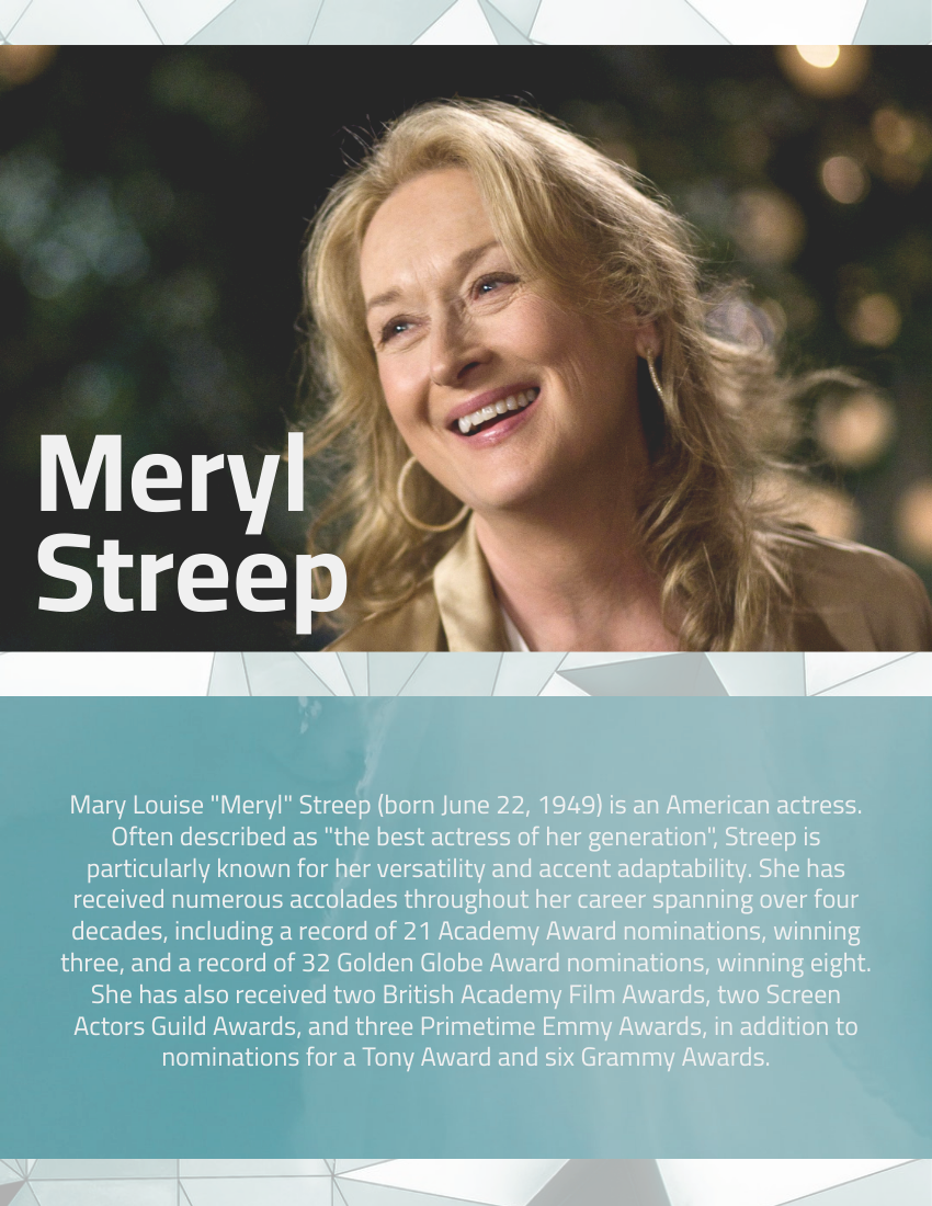 Biography template: Meryl Streep Biography (Created by Visual Paradigm Online's Biography maker)