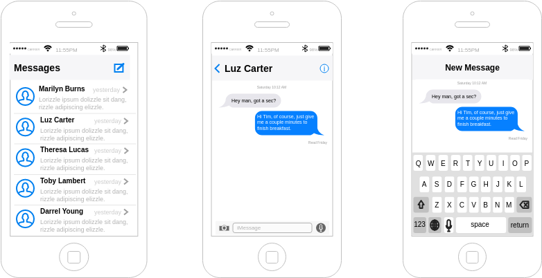 IOS Wireframe template: Messaging App (Created by Visual Paradigm Online's IOS Wireframe maker)