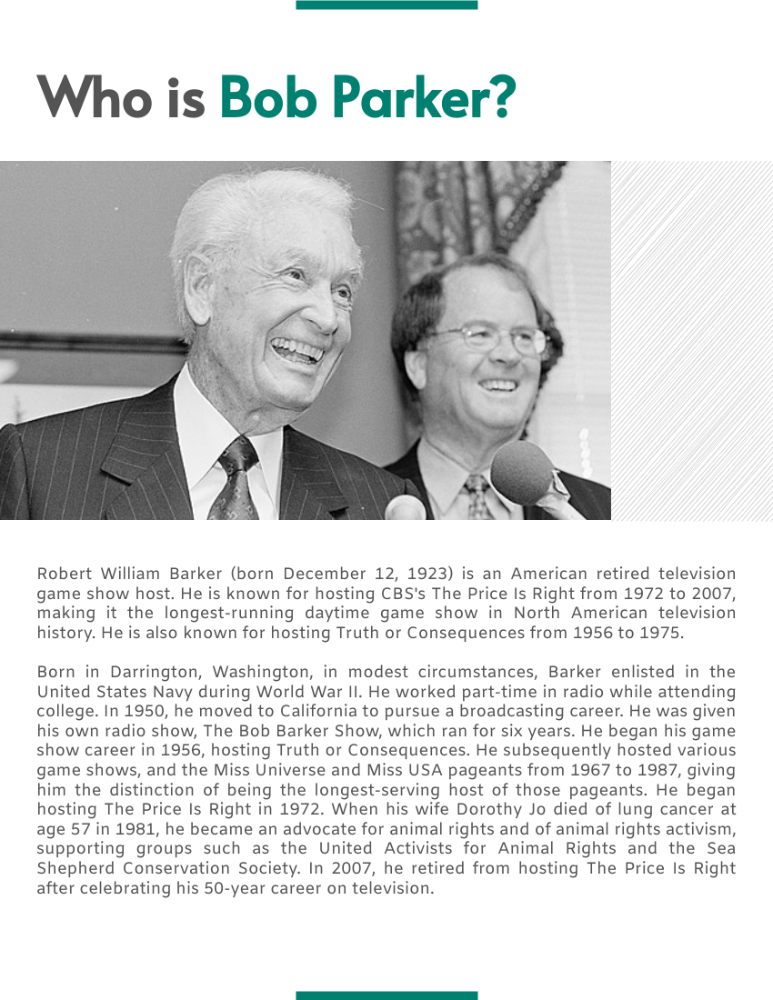 Biography template: Bob Barker Biography (Created by Visual Paradigm Online's Biography maker)