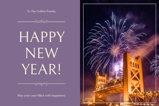 Editable greetingcards template:Violet Firework photo 2021 New Year Greeting Card
