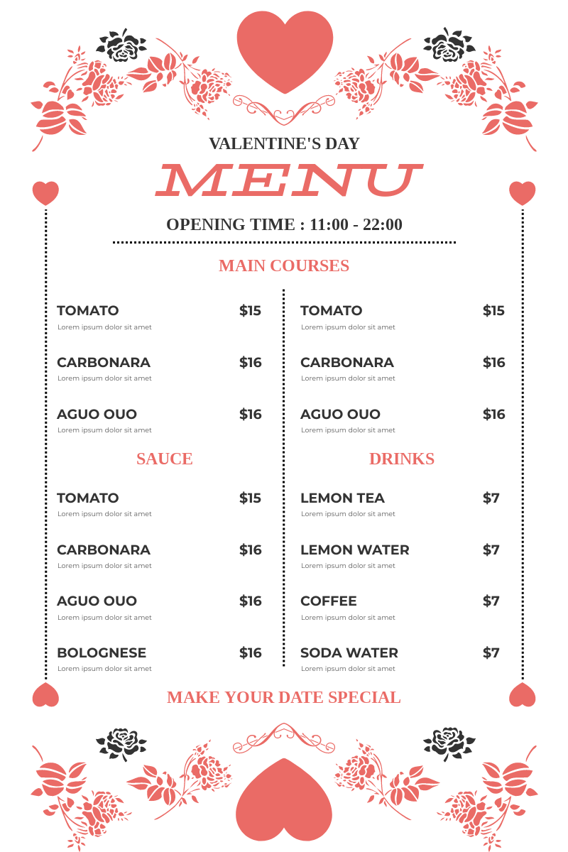 Menu template: Valentine Pasta Menu (Created by InfoART's Menu maker)