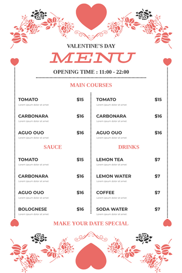 Editable menus template:Valentine Pasta Menu