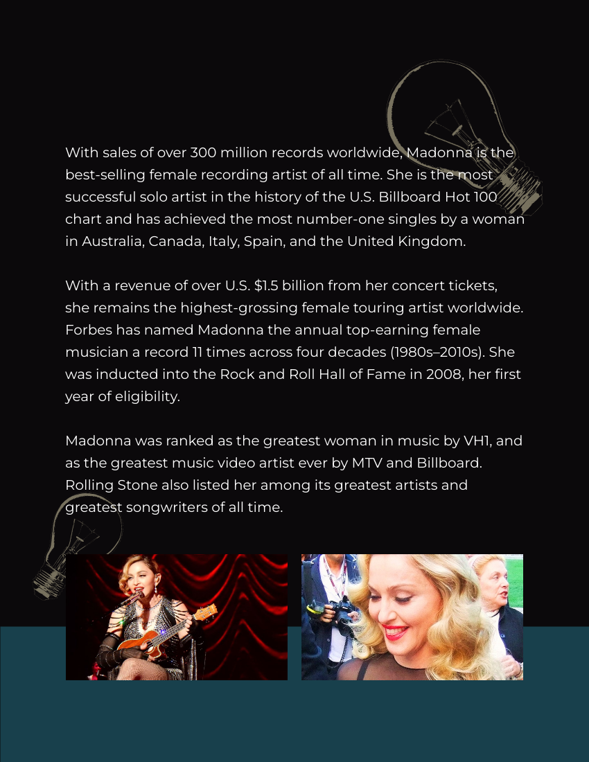 Biography template: Madonna Biography (Created by Visual Paradigm Online's Biography maker)
