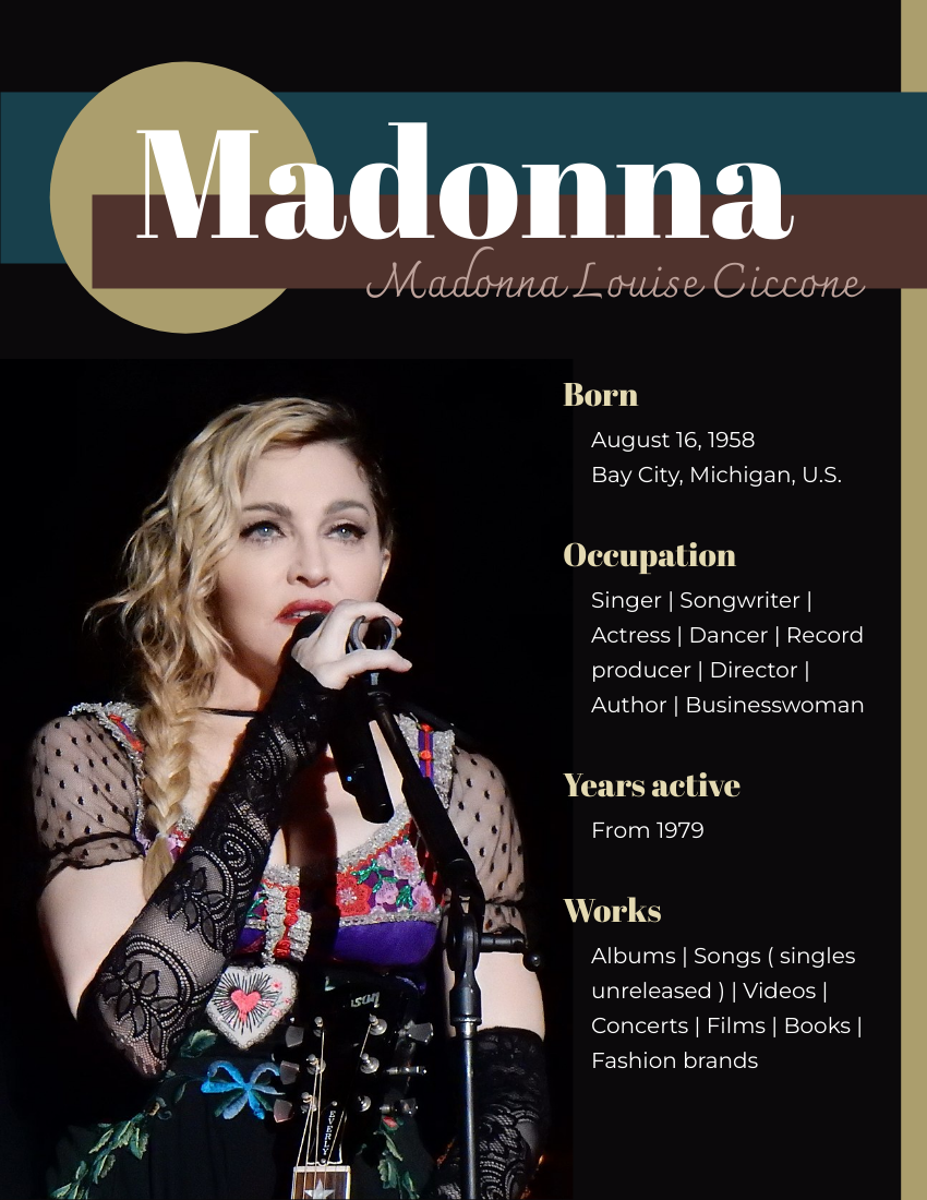 Biography template: Madonna Biography (Created by Visual Paradigm Online's Biography maker)