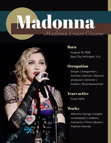Biography 模板。Madonna Biography (由 Visual Paradigm Online 的Biography软件制作)