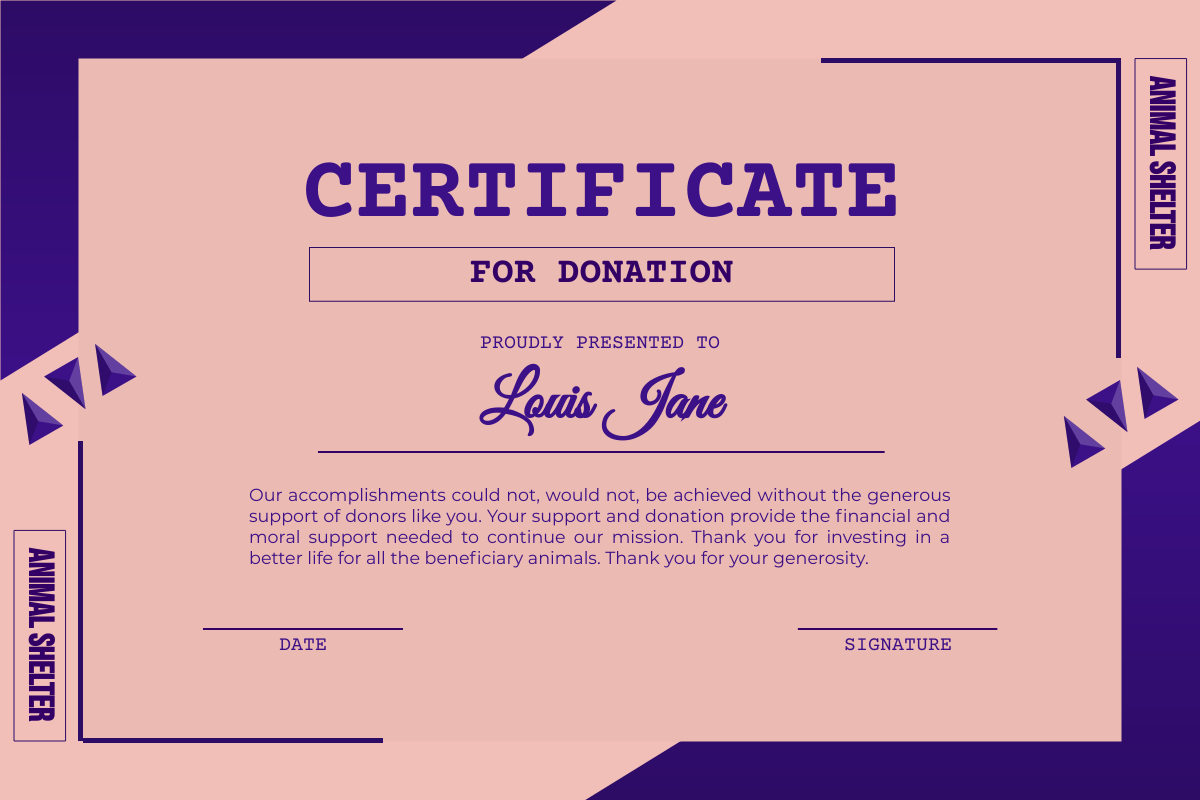 Certificate template: Burnt Pink Certificate For Donation (Created by Visual Paradigm Online's Certificate maker)