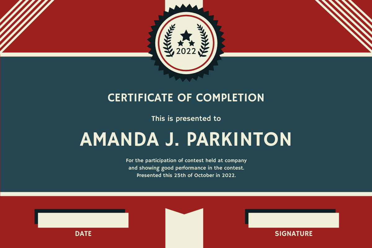 Certificate template: Red And Blue Lines And Badge Completion Certificate (Created by InfoART's Certificate maker)