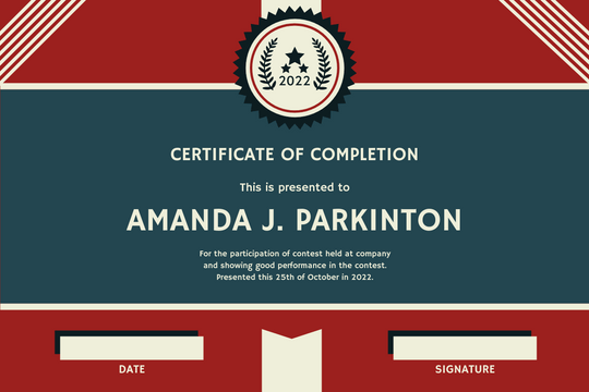 Certificate template: Red And Blue Lines And Badge Completion Certificate (Created by Visual Paradigm Online's Certificate maker)