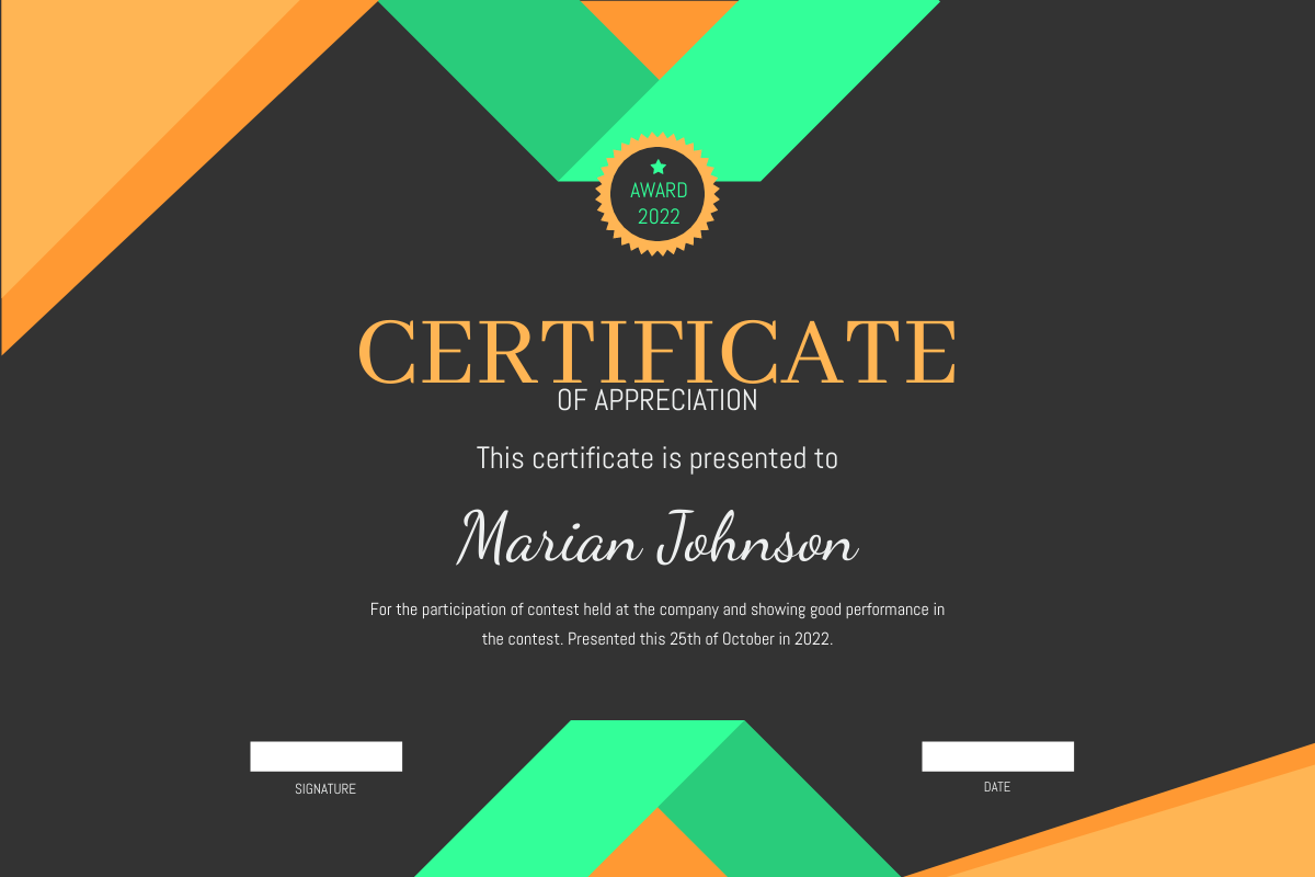 Neon Orange And Green Certificate