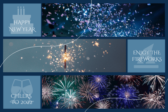 Editable greetingcards template:Blue Firework Photo Grid New Year Greeting Card