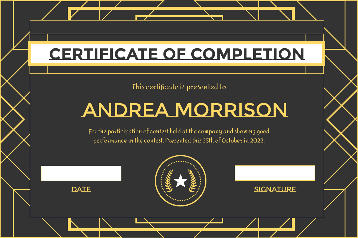 Certificate template: Golden Art Deco Certificate Of Completion (Created by Visual Paradigm Online's Certificate maker)