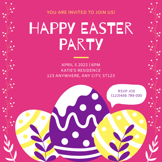 Invitation template: Pink Purple Easter Eggs Cartoon Easter Party Invitation (Created by Visual Paradigm Online's Invitation maker)