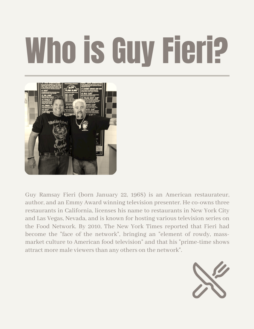 Biography template: Guy Fieri Biography (Created by Visual Paradigm Online's Biography maker)