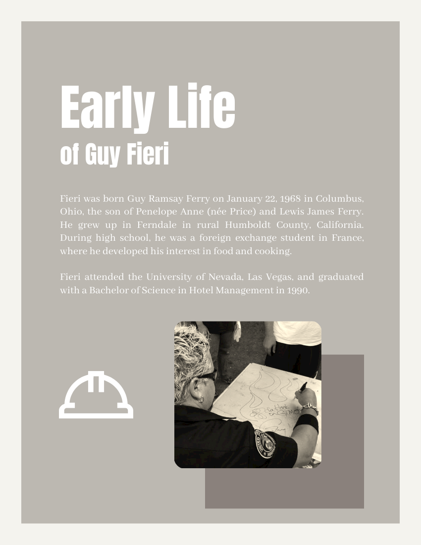 Biography template: Guy Fieri Biography (Created by Visual Paradigm Online's Biography maker)