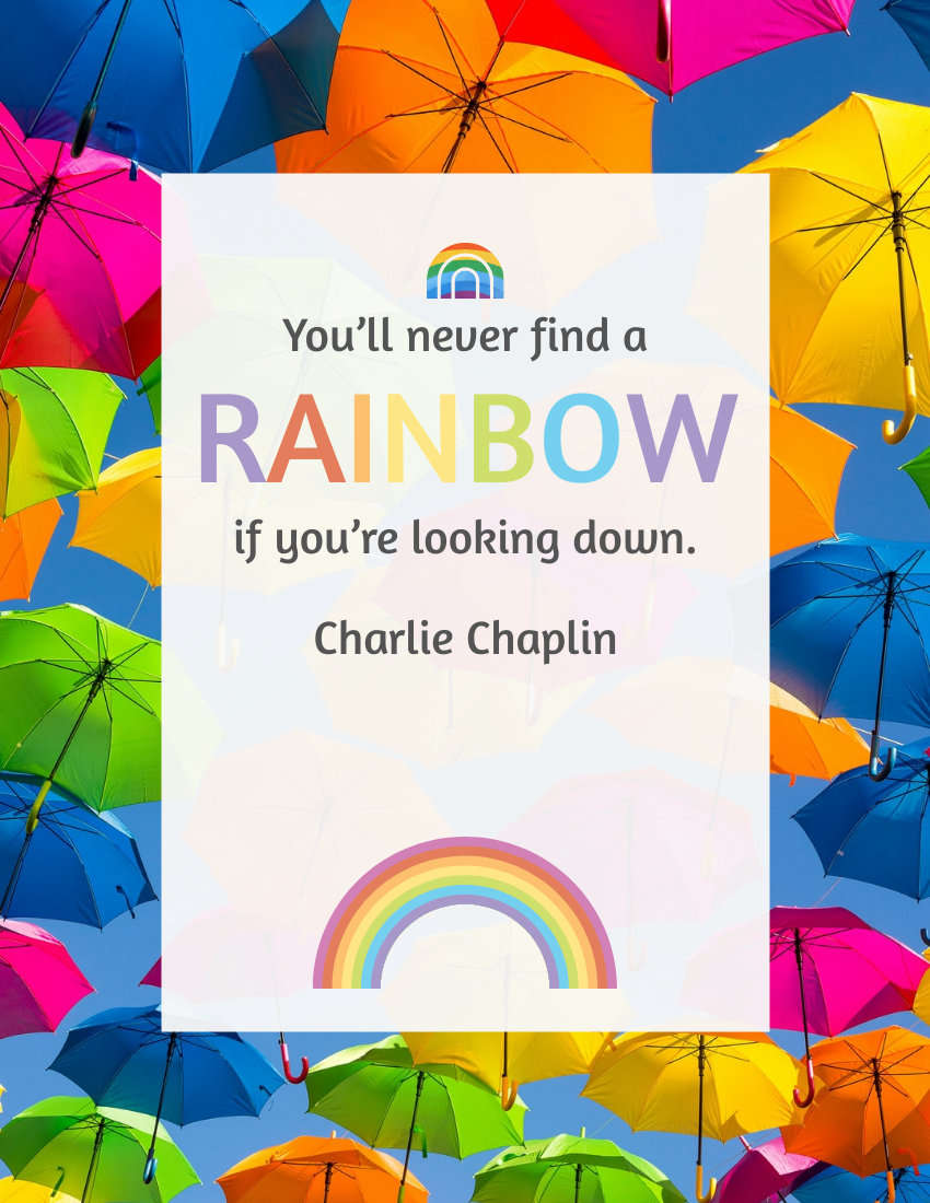 Quote 模板。You’ll never find a rainbow if you’re looking down. – Charlie Chaplin (由 Visual Paradigm Online 的Quote软件制作)