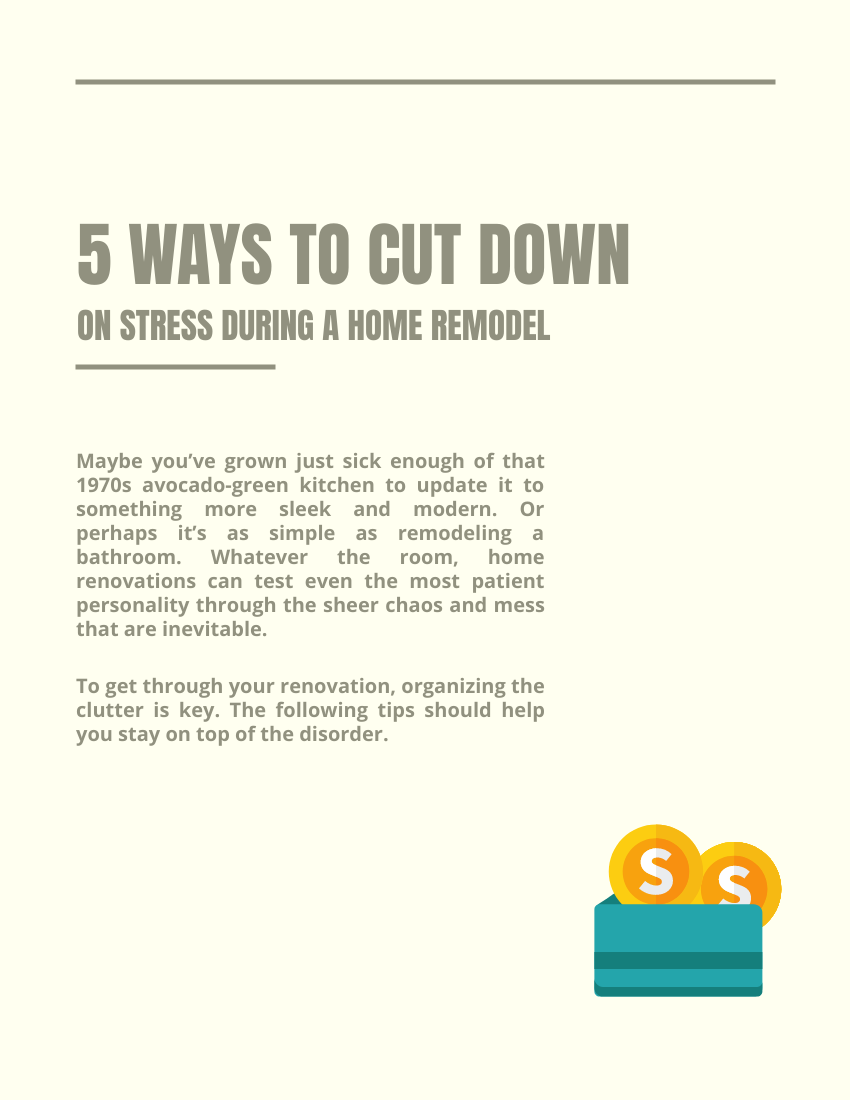 小冊子 模板。 5 Ways to Cut Down on Stress During a Home Remodel (由 Visual Paradigm Online 的小冊子軟件製作)