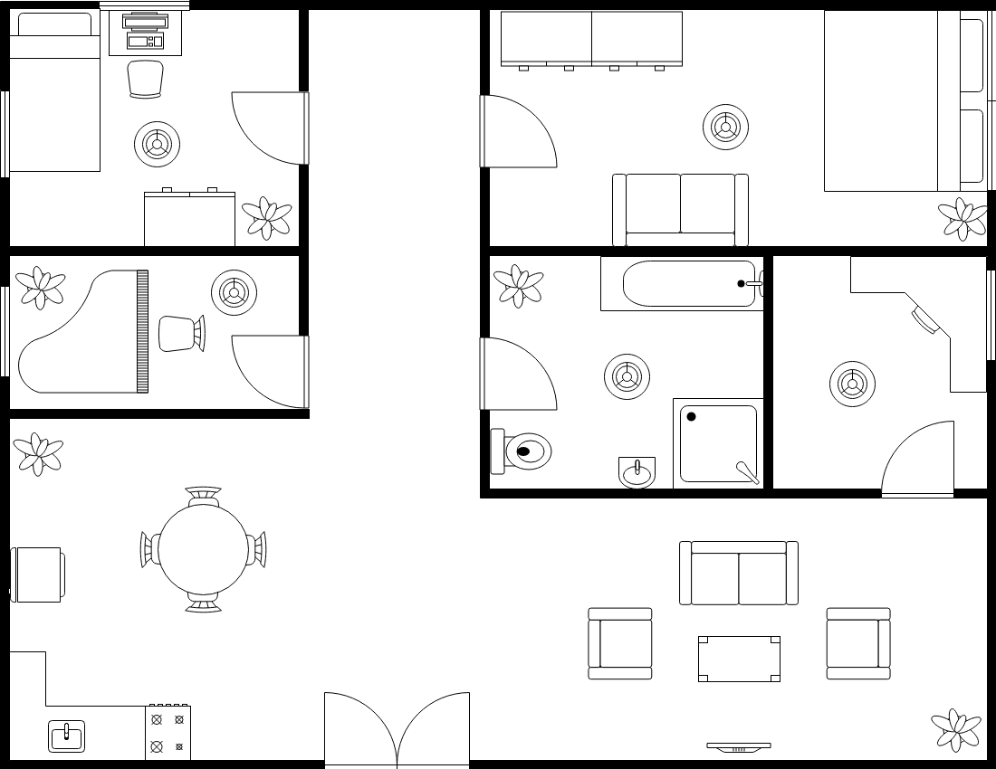 平面图 模板。两卧室房屋平面图 (由 Visual Paradigm Online 的平面图软件制作)