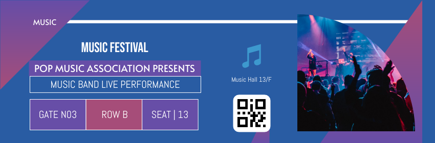 Ticket template: Music Festival With Photo And Code Ticket (Created by Visual Paradigm Online's Ticket maker)