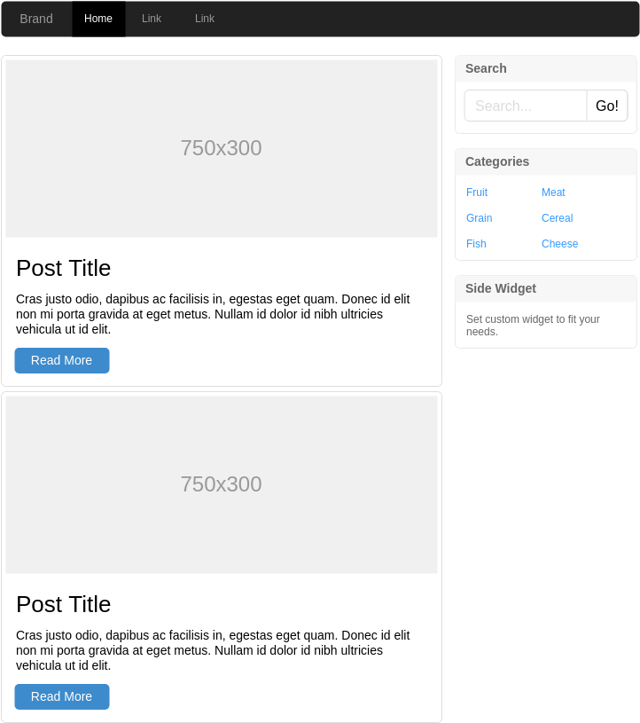 Bootstrap 線框 模板。 Homepage with Sidebar (由 Visual Paradigm Online 的Bootstrap 線框軟件製作)