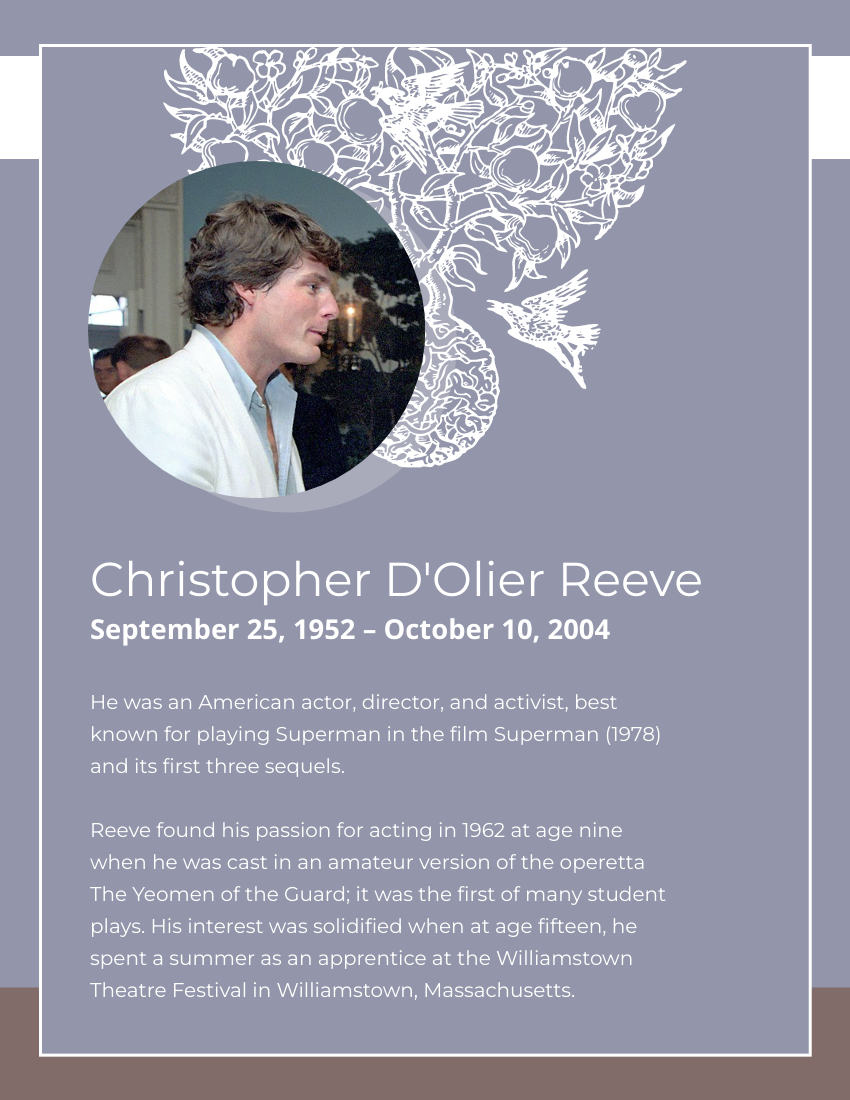 Biography template: Christopher D'Olier Reeve Biography (Created by Visual Paradigm Online's Biography maker)