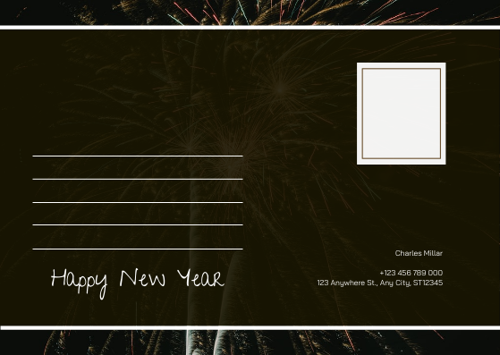 Postcard template: Black Fireworks Photo Happy New Year Postcard (Created by Visual Paradigm Online's Postcard maker)