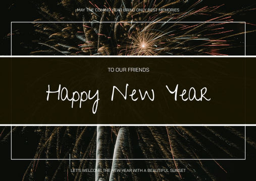 Editable postcards template:Black Fireworks Photo Happy New Year Postcard