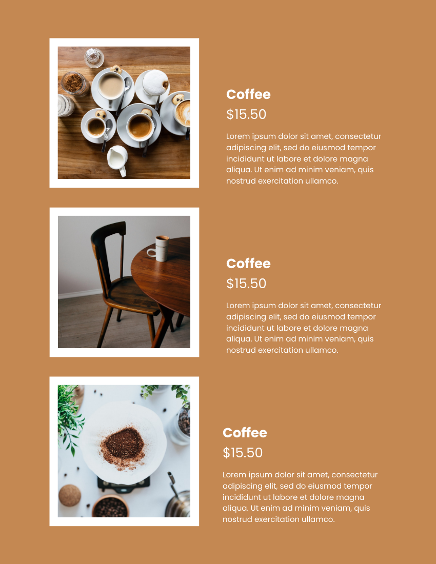 产品目录 模板。Coffee Catalog (由 Visual Paradigm Online 的产品目录软件制作)