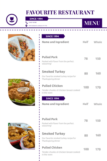 Editable menus template:Blue Chicken Menu