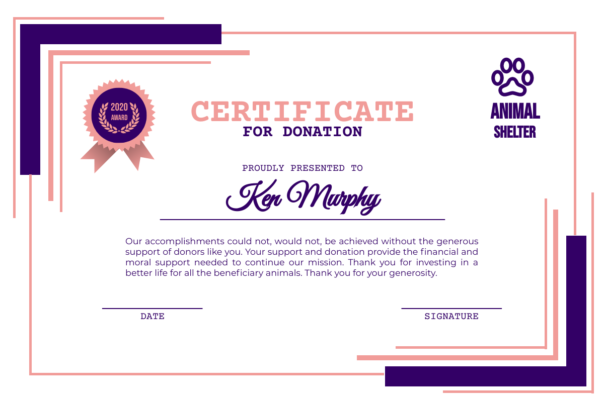 Certificate template: Pink And Purple Certificate For Donation (Created by InfoART's Certificate maker)