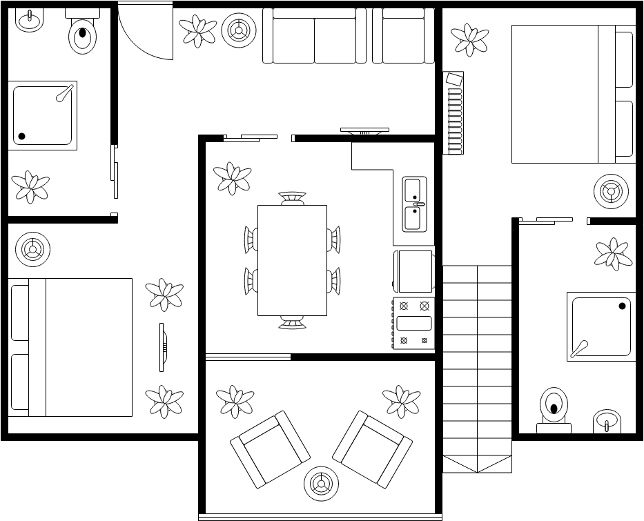 平面圖 模板。 兩臥室公寓平面圖 (由 Visual Paradigm Online 的平面圖軟件製作)