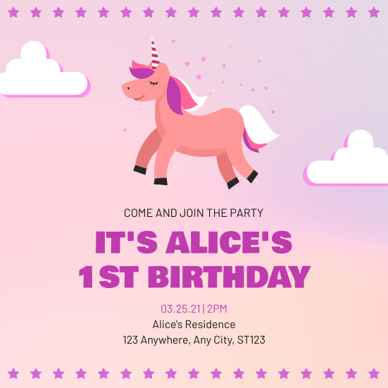 Invitation template: Pastel Pink Gradient Cute Unicorn Cartoon Birthday Invitation (Created by Visual Paradigm Online's Invitation maker)