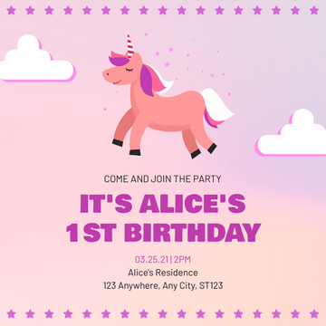 Editable invitations template:Pastel Pink Gradient Cute Unicorn Cartoon Birthday Invitation