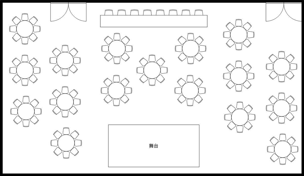 座位表 模板。 活动大厅座位图 (由 Visual Paradigm Online 的座位表软件制作)