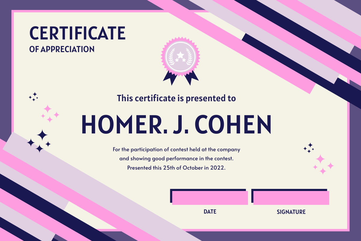 Certificate template: Pink And Purple Sparkles Fancy Certificate (Created by Visual Paradigm Online's Certificate maker)