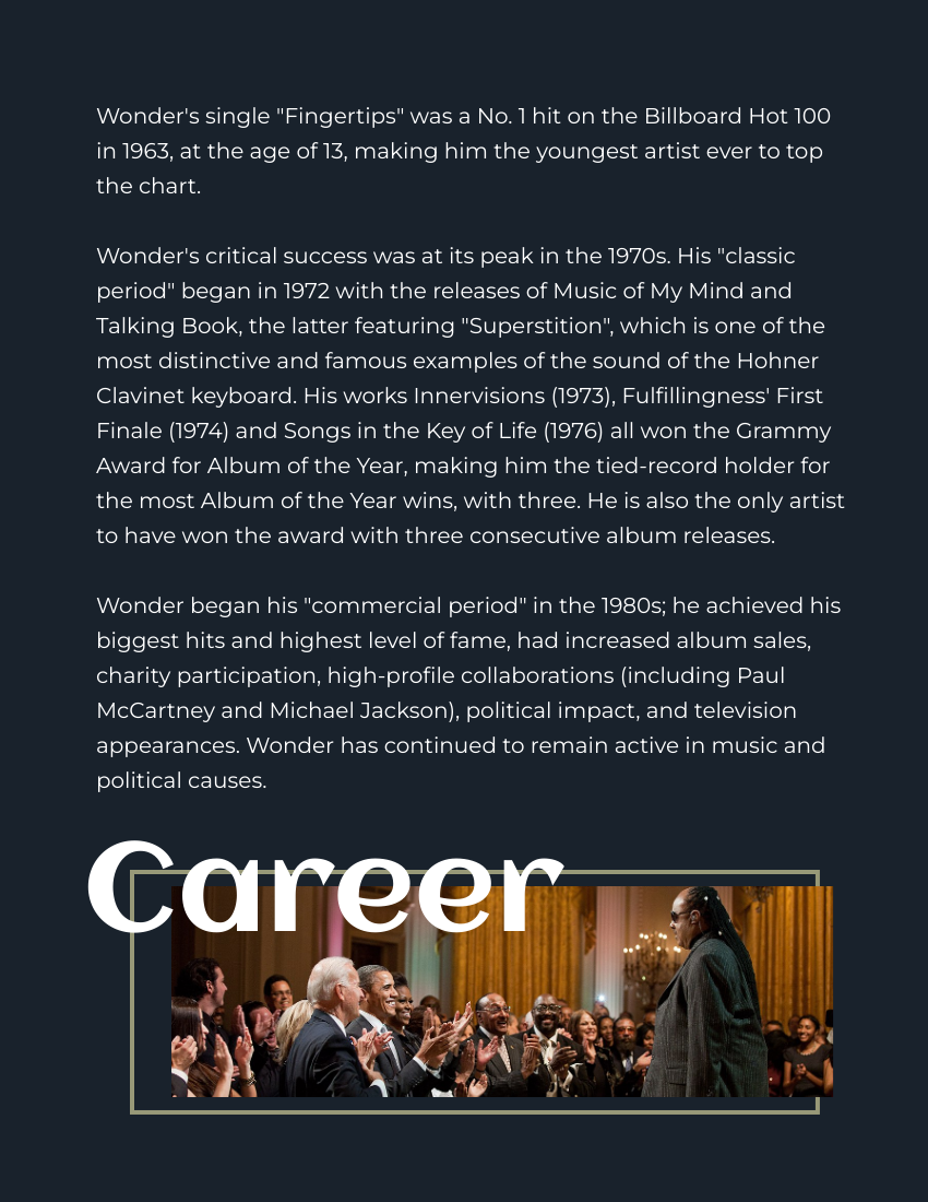 Biography template: Stevie Wonder Biography (Created by Visual Paradigm Online's Biography maker)