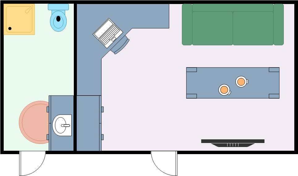 家庭办公室平面图 模板。Small Home Office with Bathroom (由 Visual Paradigm Online 的家庭办公室平面图软件制作)