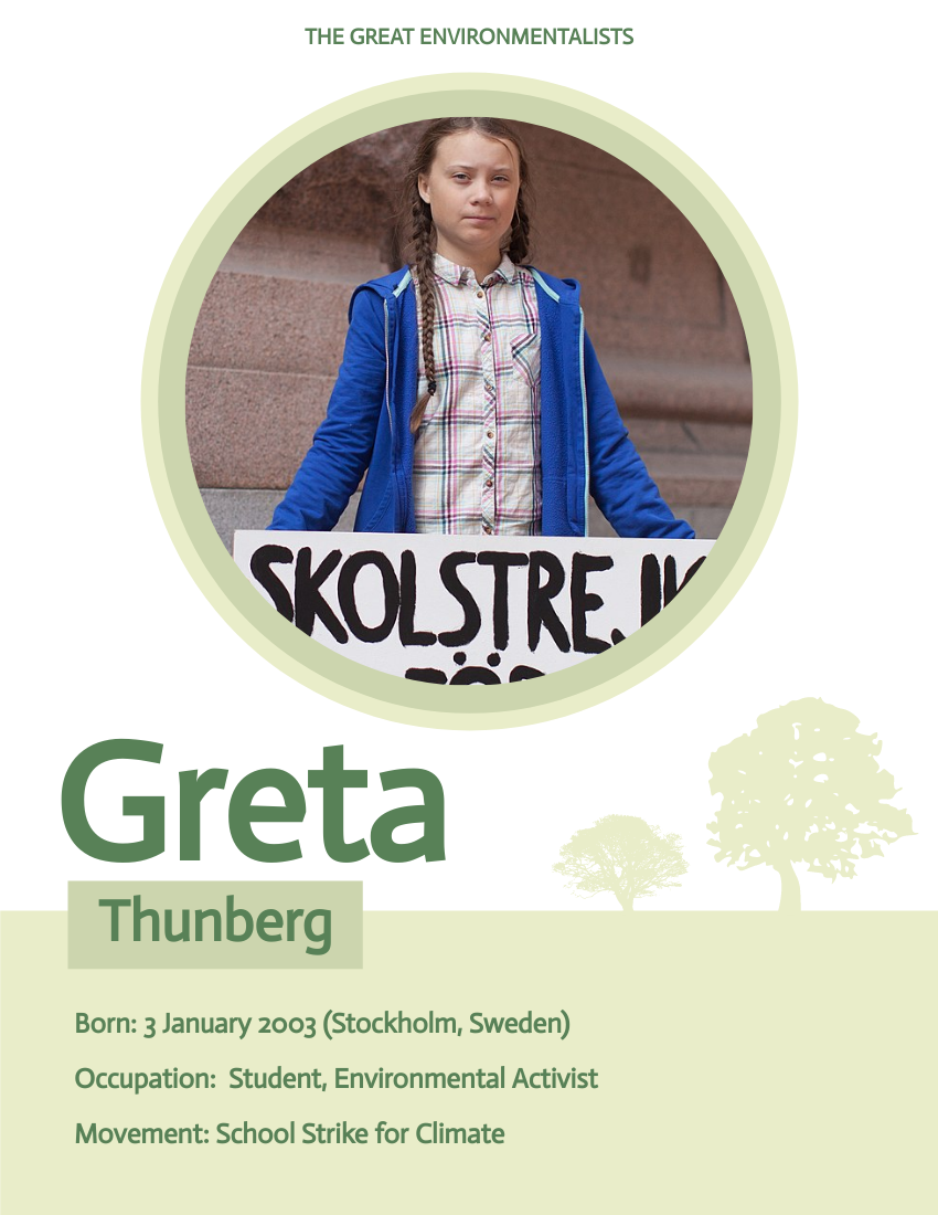 Biography template: Greta Thunberg Biography (Created by Visual Paradigm Online's Biography maker)