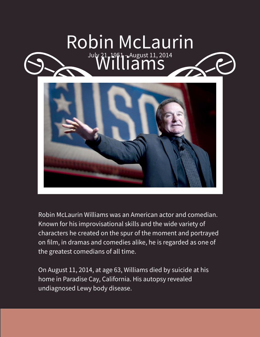 Biography template: Robin McLaurin Williams Biography (Created by Visual Paradigm Online's Biography maker)