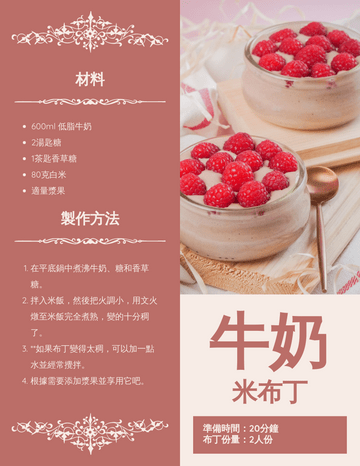 Editable recipecards template:牛奶米布丁食譜卡