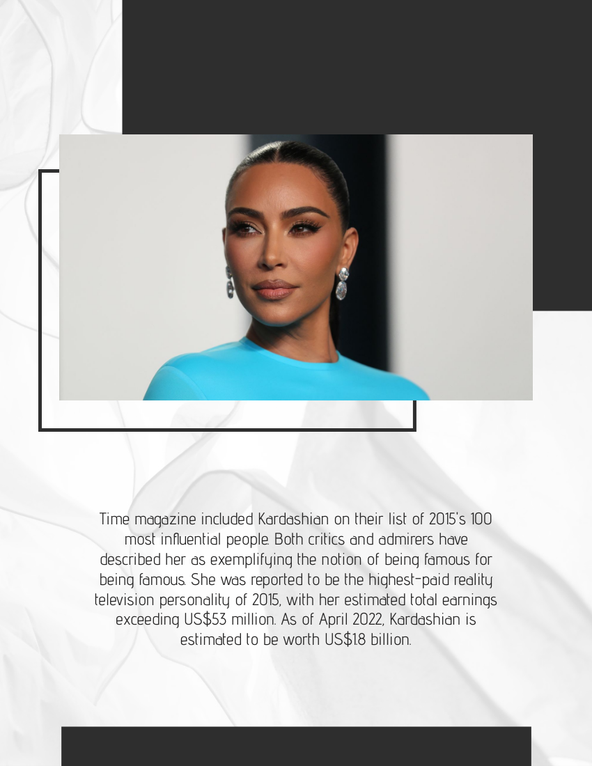 Biography template: Kim Kardashian Biography (Created by Visual Paradigm Online's Biography maker)