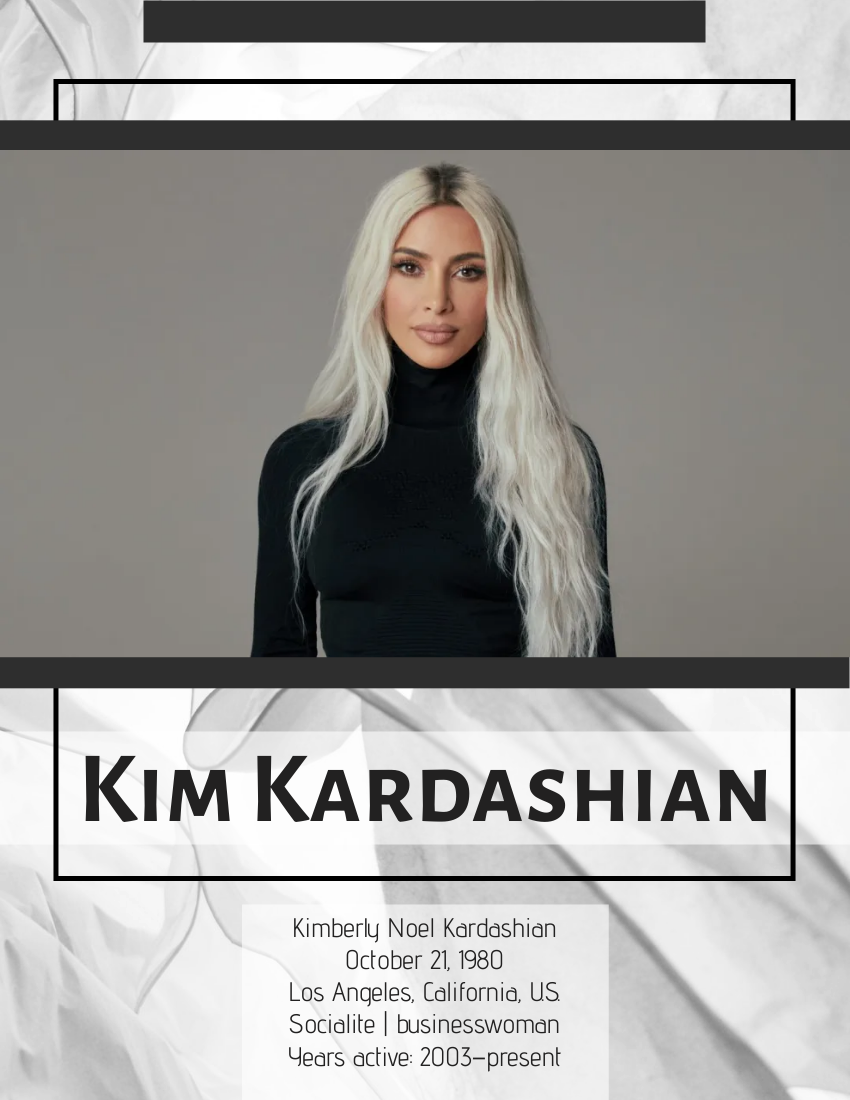 Biography template: Kim Kardashian Biography (Created by Visual Paradigm Online's Biography maker)