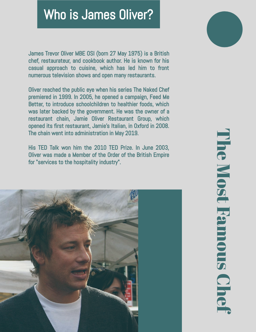 Biography template: Jamie Oliver Biography (Created by Visual Paradigm Online's Biography maker)
